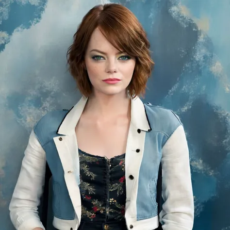 Fantasy Art, A digital portrait of (Emma Stone) , stylized, <lora:FF-WoMM-XL-FA-v0208-TE:0.8> <lora:xl_more_art-full_v1:1> <lora:stone_lora_sdxl_v1:0.8> ohwx, ohwx woman, A pixie cut with long, wispy bangs.,A light wash denim jacket layered over a white linen button-down shirt, paired with high-waisted black skinny jeans and white canvas sneakers.