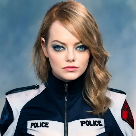 art fantastique, Un portrait numérique de (pierre emma) modéliser un uniforme de police sur fond blanc, stylisé, ohwx, ohwx femme, Un dégradé bicolore, avec une moitié des cheveux teints en noir de jais et l'autre moitié en blond platine.