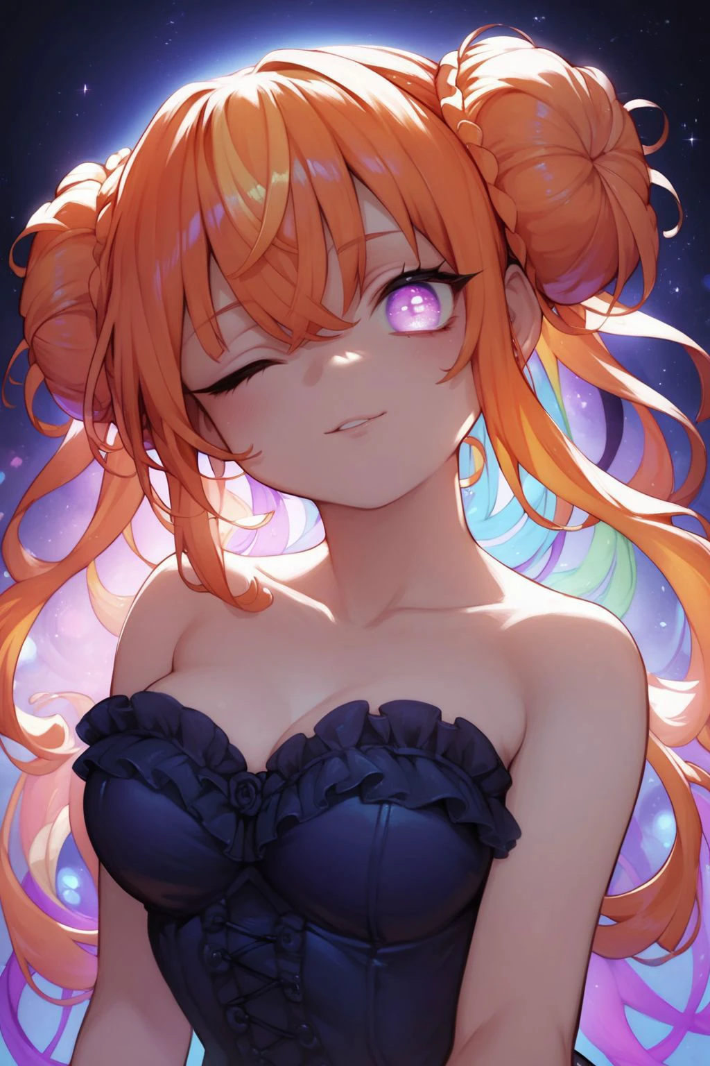 score_9, score_8_up, score_7_up, high resolution, 1girl, looking at viewer, beautiful face, detailed pupils, one eye closed \(winking\), orange hair, triple bun, fringed bangs, light purple eyes, breasts, dark blue bustier, frontlighting, rainbow background 