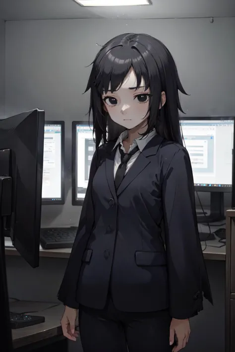 <lora:NanashiUchiha:1>, Nanashi Uchiha, 1girl, black hair, long hair, black suit, black eyes, black necktie, white shirt, black pants, office, indoors, dark, standing, computers, monitors