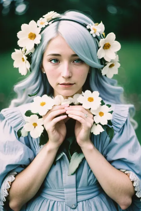 (old color photo) of (alraune) woman, flower, white hair, analog style, modelshoot style, 35mm, vignette, intricate detail, film...