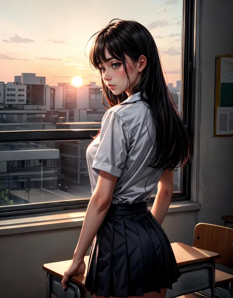 (masterpiece:1.2, best quality, absurdres, realistic), 1girl, small breasts, school uniform, nsfw, classroom, sunset, from behin...