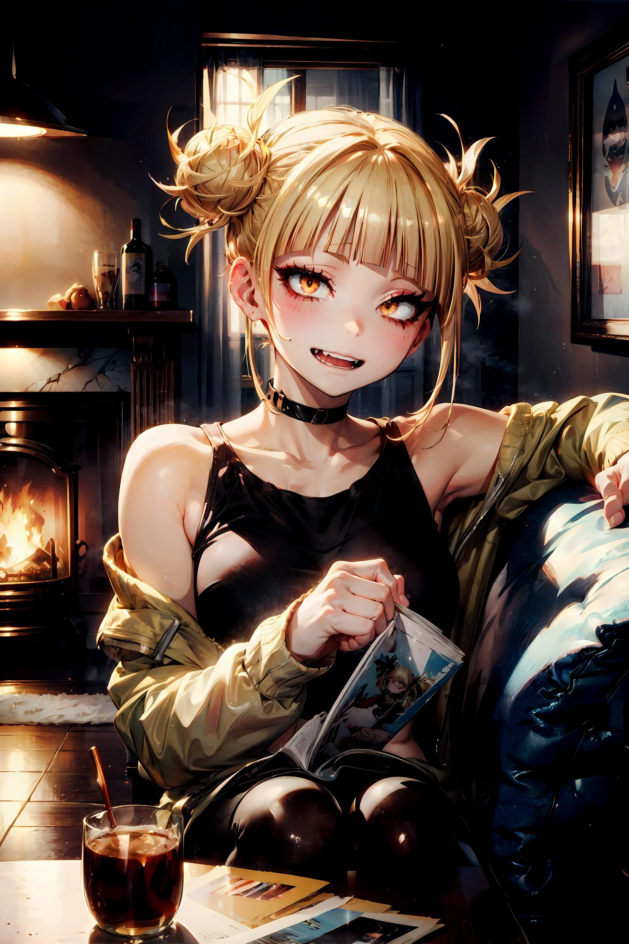 masterpiece, best quality, 1girl, shiny skin, toga himiko, boku no hero academia, blonde hair, double bun, yellow eyes, looking at viewer, blush, evil smile, casual, exposed shoulder, choker, black baggy shirt, leggings, indoors, comfy, couch, fireplace, soft indoor lighting, shadows, upper body, 