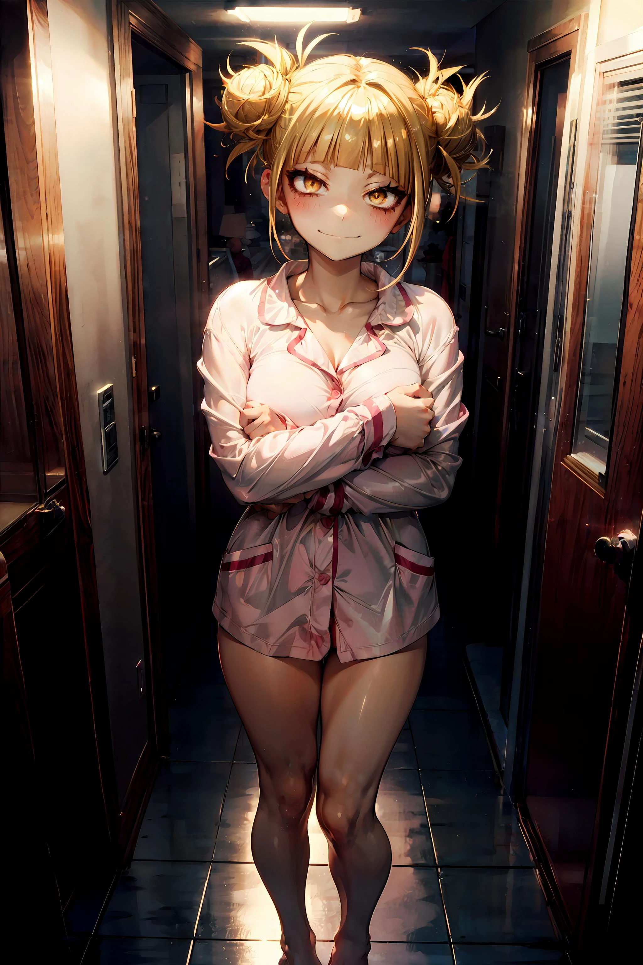 masterpiece, best quality, standing in hallway, night, low key, (dark:1.2), close-up, 1girl, shiny skin, toga himiko, boku no hero academia, blonde hair, double bun, yellow eyes, looking at viewer, blush, sleepy, pajamas\(satin\), 