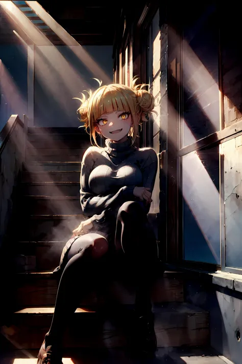 anime girl sitting on stairs with sunbeams coming through her eyes