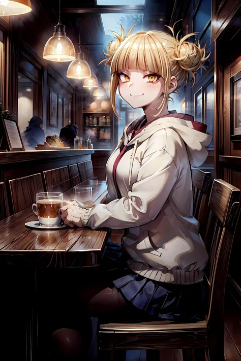 chef-d&#39;œuvre, Meilleure qualité, 1fille, peau brillante, toge himiko, Boku No Hero Academia, cheveux blond, double chignon, les yeux jaunes, regarder le spectateur, Grand sourire, Café, à l&#39;intérieur, faiblement éclairé, Occasionnel, sweatshirt à capuche, veste, jupe, collants, stand, assis à côté du spectateur, Point de vue, du côté, Fermer