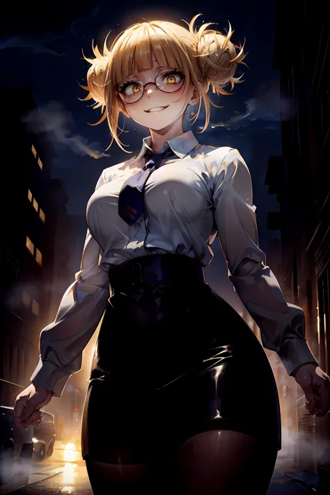 傑作, 最高品質, 夜, (明暗法:1.1), 1人の女の子, 曲線的な, himiko toga, boku no hero academia, 金髪, 黄色い目, ダブルバン, 邪悪な笑顔, 丸い眼鏡, ぴったりした, ハイウエストペンシルスカート, 黒パンスト, 白いフォーマルシャツ, ネクタイ, 見下ろす,  ローアングル, 視点, (カウボーイショット, 閉じる:1.05), 屋外, 市, 霧,