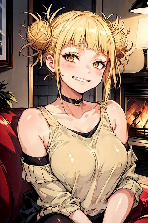 傑作, 最高品質, 1人の女の子, 輝く肌, toga himiko, boku no hero academia, 金髪, ダブルバン, 黄色い目, 視聴者を見る, 赤面, 邪悪な笑顔, カジュアル, 露出した肩, チョーカー, 黒のだぶだぶのシャツ, レギンス, 屋内, 快適, ソファー, 暖炉, 柔らかい室内照明, 影, 上半身, 