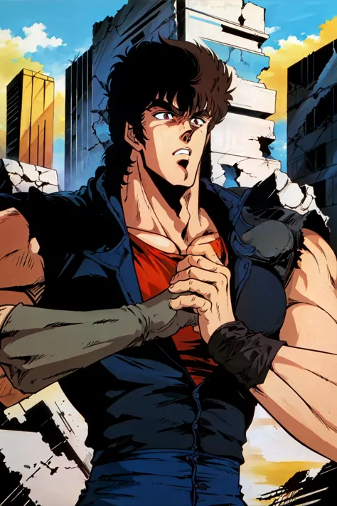 (8k,  chef-d&#39;œuvre, Meilleure qualité, haute résolution),
1 homme, seulement,
années 1980 (style), style artistique rétro, 
 Style HNK, 
 poing dans la main, 
Kenshiro, (portant une veste bleu marine et une chemise rouge),
méprisant, grimacer, 
regarder vers l&#39;avant, regarder au loin, 
bâtiment, ruines,