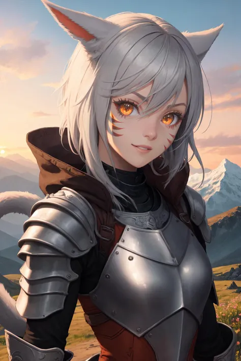 a woman in armor with a cat ears and a cat tail