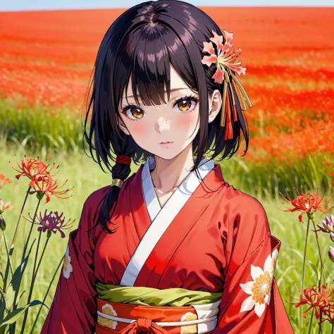 8k, UHD, schönes Gesicht, schöne helle Haut, schöner Hintergrund, Grasland, Higanbana are blühening all over, Blume, blühen, Pause, japanisches Mädchen, Allein, Stehen, Kimono und Obi-Gürtel, Cowboy-Schuss, schwarzes Haar, schwarze Augen, 