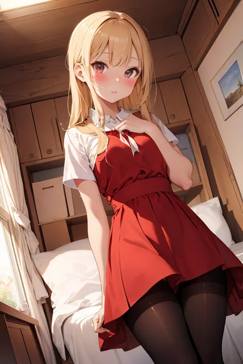 (masterpiece, best quality), 1girl,, (masterpiece, best quality), 1girl, blonde hair, red dress, pantyhose, cute face, blush,