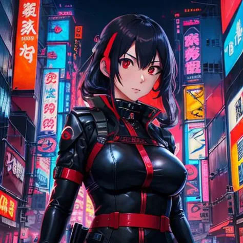 1 woman, 25 years old, Cyberpunk city, high buildings, neon lights, futuristic sports cars, Japanese bilboards, futuristic ninja...