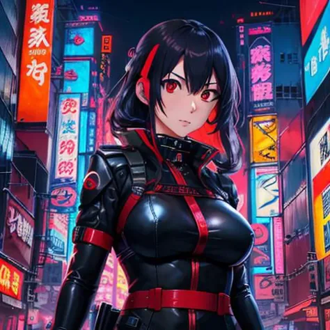 1 mulher, 2, cidade ciberpunk, Edifícios altos, luzes de neon, carros esportivos futuristas, outdoors japoneses, mulher ninja futurista, segurando katana, seios grandes, katana futurista, melhor qualidade, Rosto normal