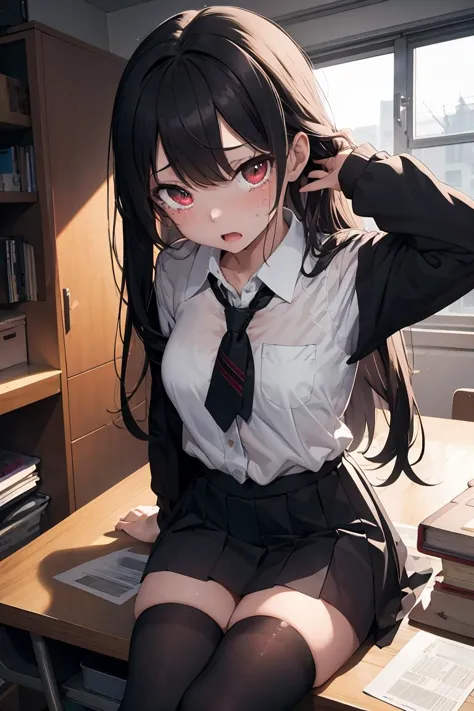 (masterpiece, best quality), 1girl,, (masterpiece, best quality), 1girl, solo,sitting on a desk, beautiful face, long hair, torn clothes, torn legwear, dark school uniform, black thighhighs, moldy room, scared,crying, terrified face, itricate details, tied arms behind head, dark atmosphere, danger,