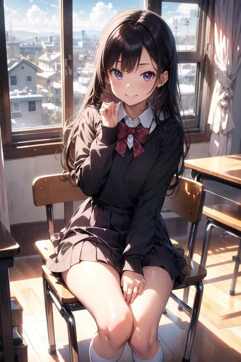 (full body:1.35), soft light, dynamic angle, dynamic postures, long sleeves, dress, school uniform, socks, black dress, eden academy school uniform, girl sitting on a wood chair, evil smile, smirk smile, perfect(anatomy,body,face,hand,leg,foot), beautiful detailed girl, glossy pink lips, Milky skin,( shiny skin:1.2), <lora:cozy animation scenes_20230824111332:0.45>, PIXIV, indoors, school, detailed classroom, snowman, winter, (wide view, wide-angle lens), extremely detailed, CG, 8k Amazing, finely detail, (masterpiece:2.0, best quality), (intricate details, depth of field), <lora:add_detail:0.4>