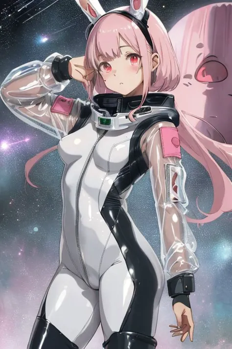 cyberpunk, holland lop bunny kemonomimi, astronaut, girl, pink hair, round eyes, tight suit, full body, two bunny ears, clear la...