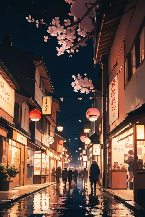 Cidade japonesa à noite iluminada pelo brilho da lua cheia e cordas de lanternas, Cena cinematográfica, (cinematic:1.5), extremamente detalhado. Árvores de cerejeira em plena floração alinham-se na margem do rio, pétalas soprando suavemente ao vento. Arquitetura tradicional japonesa e ruas animadas da cidade repletas de gente. Lanternas e letreiros de néon emitem uma luz suave e quente que reflete na água e nas ruas molhadas. A iluminação noturna dramática cria um ambiente temperamental, cena atmosférica. A profundidade de campo realista mantém o fundo suavemente desfocado, chama o foco para o primeiro plano detalhado. Vibrant Rosas of cherry blossoms contrast with deep blues and purples of the night sky. sem desfoque de movimento, imagem cristalina, Resolução 8K, incrível realismo e detalhes. (sakura),Rosa