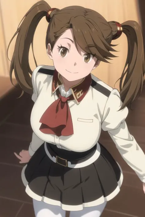 kaoruko sazaki, long hair, brown hair, hair ornament, twintails, (swept bangs:1.5), (brown eyes:1.5),
skirt, pantyhose, belt, white pantyhose, high-waist skirt, puffy sleeves, long sleeves, ascot, red ascot, black skirt,
(large breasts,:1.4),
(best quality, masterpiece), unity 8k wallpaper,official art,extremely detailed CG,,face focus,eye focus,(stilt house:1.4), smile,(glistening skin:1.4), looking at viewer,(portrait:1.4),teeth,