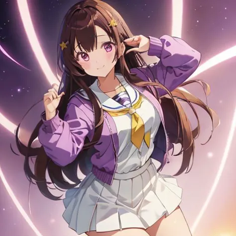 1 girl, Hitomi hino, murenase, pink hairpin (( symbol &@)), brown hair, loose hair, small lock of hair on the forehead (on the side of the head), small lock of hair (right), large breasts, purple eyes , bangs, big breasts, long sleeves, looking at viewer, open hand, purple jacket. serafuku, purple, jacket, white shirt, white skirt, yellow tie, smile, alone, shoes, thighs, very long hair, white thighs,, (cowboy photo: 1.5), (masterpiece: 1.2), best quality, high resolution (illustration: 0.8), (beautiful detailed eyes: 1.6), extremely detailed face, perfect lighting, extremely detailed CG (perfect hands, perfect anatomy),