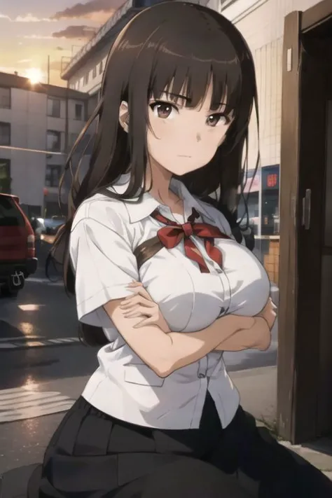 nishizumi shiho,normal,
(huge breasts:1.4),
(best quality, masterpiece), unity 8k wallpaper,official art,extremely detailed CG,,face focus,eye focus,(sunset park:1.2),looking at viewer,