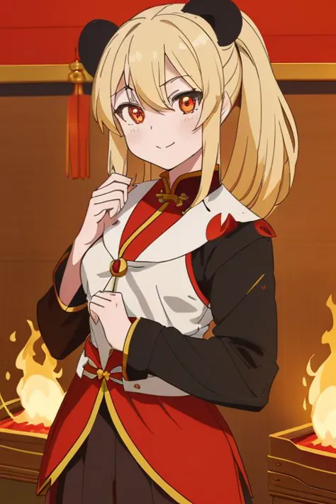 a woman in a uniform standing in front of a fire