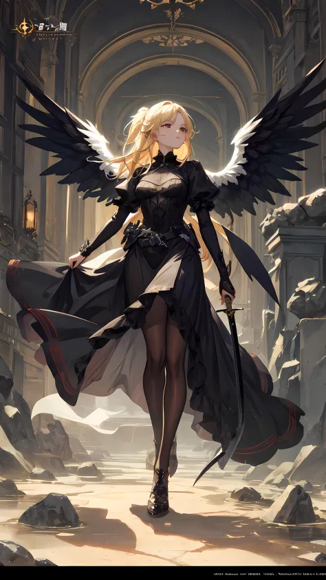 Full body,a detailed fallen female angel, black clothing, detailed face, blonde hair, dynamic pose, looking away, war, battle, s...