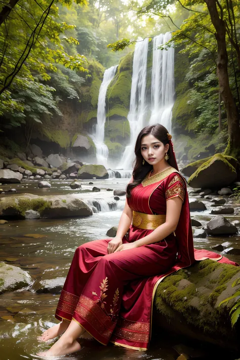 (portrait:1.2), beautiful girl, age 30, (wearing traditional makassar outfit dress:1.1), indonesian, taking a bath in the river, sunset, afternoon, forest, river, waterfall, stones, falling leaves, (4K, 8K, ultra realistic, photography, detailed and backgr...