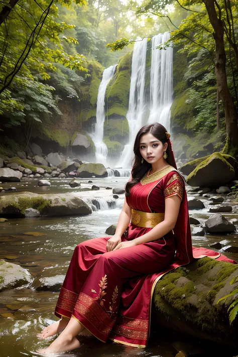 (portrait:1.2), beautiful girl, age 30, (wearing traditional makassar outfit dress:1.1), indonesian, taking a bath in the river,...