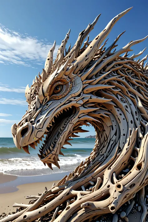 (drift wood washes up on the shore, all the tiny parts of drift wood form together to create a perfect shape of a Driftwood Dragon face), abstract, 3d render, strong, insanely intricate details, (masterpiece), (view from below), natures art work, UHD, <lora:Driftwood_Detailed_Art_-_By_DICE:0.5> driftwood dragon face, close up