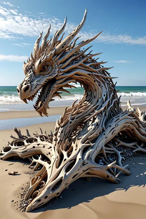 a close up of a dragon made of driftwood on a beach