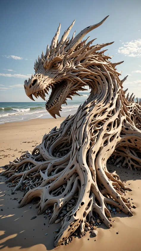 (drift wood washes up on the shore, all the tiny parts of drift wood form together to create a perfect shape of a Driftwood Dragon on the shore), abstract, 3d render, strong, insanely intricate details, (masterpiece), (view from below), natures art work, UHD, <lora:Driftwood_Detailed_Art_-_By_DICE:0.5> driftwood dragon face