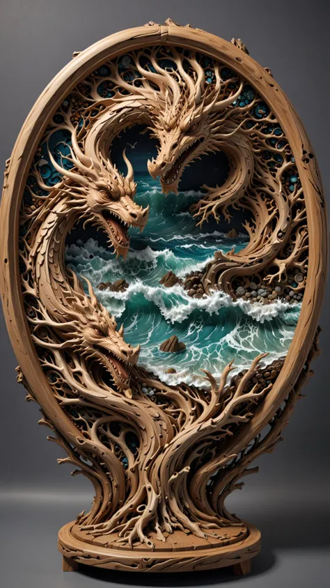 a wooden sculpture of a dragon on a rock with waves in the background