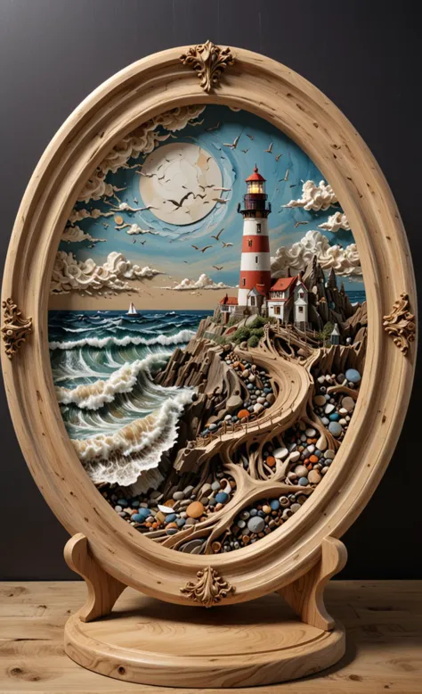 a close up of a picture of a lighthouse on a wooden stand