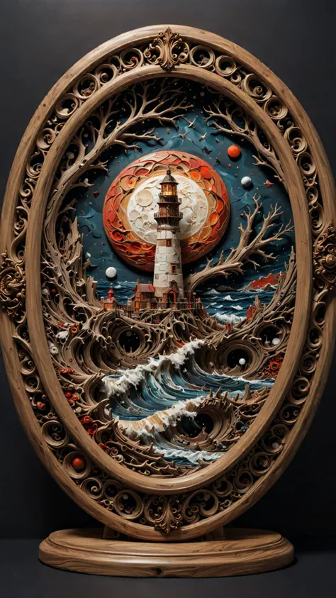 a wooden sculpture of a lighthouse surrounded by waves and trees