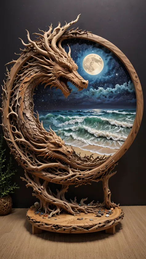 round plate on a display stand, hand Carved, 3D Seascape, abstract art, Carving, Ultra Intricacies, EPIC, <lora:3D_Framed_Wall_A...