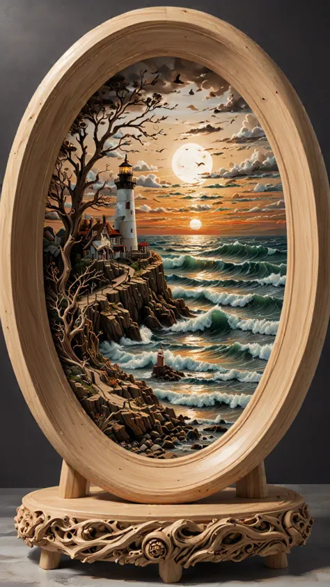 Oval plate on a display stand, hand Carved, 3D Seascape, Lighthouse at day, Sunset, The plate taking pride with a window in the ...