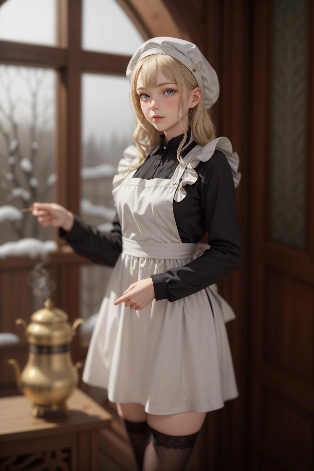 realistic ,Russian Maid (19th Century): A (cute young girl:1.1) with blonde hair, blue eyes, fair skin, tall, wearing a dark-colored dress, often long-sleeved and full-length, combined with a white apron, and occasionally a small cap or headscarf, (stockings:1.1). Amidst the opulence of a Tsarist dacha, with ornate woodwork, rich tapestries, a samovar steaming in the corner, against the backdrop of a snow-covered landscape viewed through a frost-laced window. 