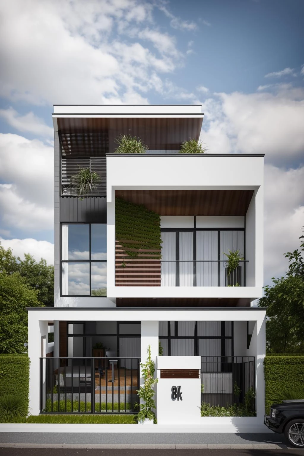 A modern house with a balcony and a balcony on the second floor - SeaArt AI