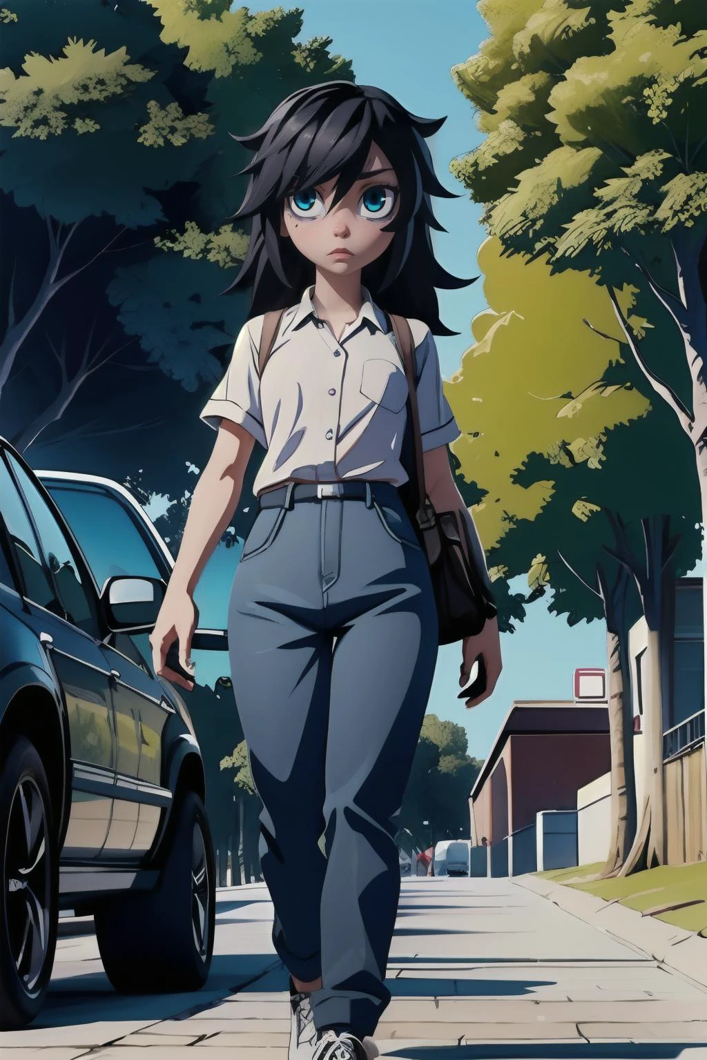 1girl, (masterpice), high quality, best quality, high detailed, nice face, perfect eyes, 4k, cg, unity, unreal engine,  hair over in one eye, bags under eyes, watamote, tomoki, street, trees, cars, people, walking, 3D, CGI