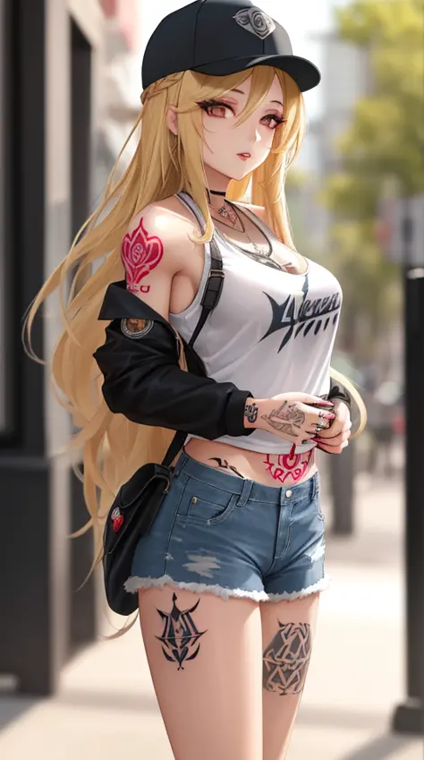 a woman with long hair and a baseball cap on walking down a stree, Aramenta Dianthe Vail, tattoos, a tattoo, lowbrow, 1girl, 3d, badge, baseball_cap, blonde_hair, blurry, blurry_background, blurry_foreground, breasts, clothes_writing, denim, denim_shorts, depth_of_field, hat, lips, long_hair, looking_at_viewer, makeup, medium_breasts, photo_\(medium\), photo_background, shoulder_tattoo, skirt, solo, tattoo