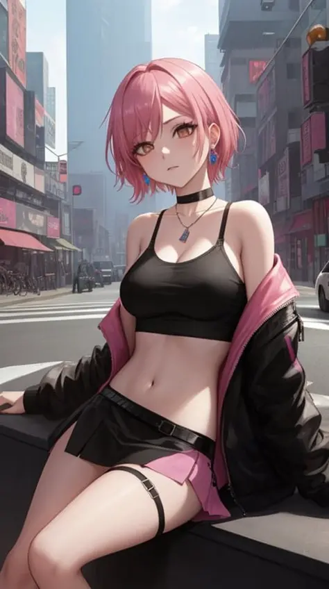 a woman with pink hair and a black top is sitting on a city street with a traffic light in the background, Artgerm, anime art, cyberpunk art, photorealism, 1girl, bangs, bare_shoulders, black_choker, breasts, bridge, brown_eyes, building, choker, city, cityscape, crop_top, jewelry, looking_at_viewer, makeup, midriff, navel, necklace, pink_hair, short_hair, side-tie_panties, sitting, skirt, skyscraper, solo, tank_top