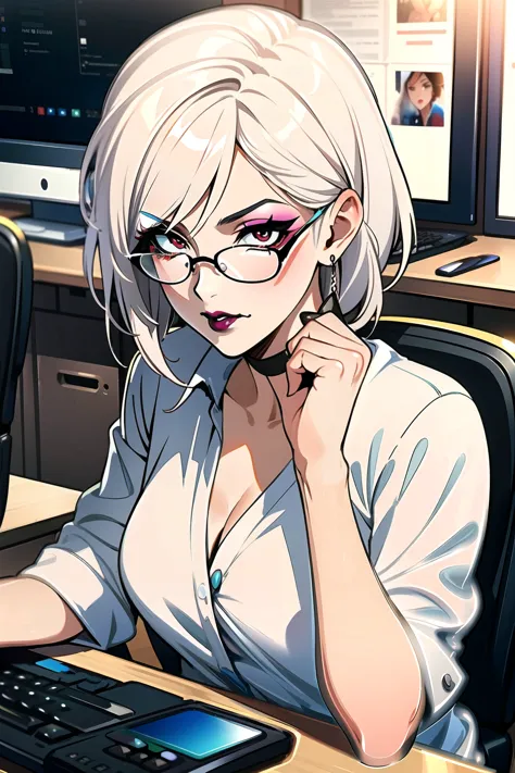 Masterpiece, Intricately detailed, beautiful woman sitting at a desk working in an office, medium length hair, round glasses, (w...