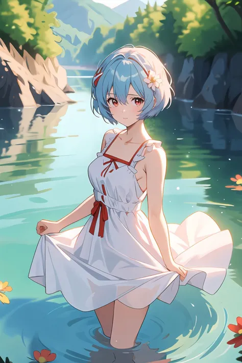 1girl, solo, breasts, looking at viewer, short hair, bangs, hair ornament, red eyes, dress, ribbon, hair between eyes, bare shoulders, blue hair, flower, outdoors, sleeveless, water, white dress, red ribbon, sleeveless dress, nature, wading, ayanami rei