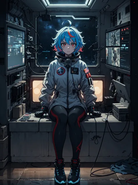 girl, extremely detailed, sitting, menacing, (grainy:0.5), melancholy, window, space station, multicolored lights, blue messy ha...