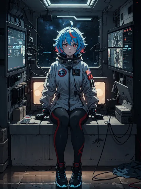 girl, extremely detailed, sitting, menacing, (grainy:0.5), melancholy, window, space station, multicolored lights, blue messy hair, dark, extremely detailed high quality clothing, full body clothing, lights on clothing, 4k, 8k uhd