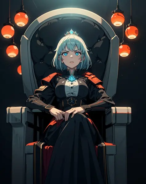 (grainy:0.5), cinematic, girl,princess,(solo:1.3), serious, detailed eyes, detailed face, detailed futuristic clothes, sitting on throne, view from below, lights in clothes, volumetric lighting, isolation, dark lighting, orange red bioluminescent details,