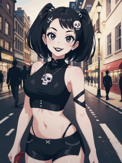 1girl, cartoon, goth clothes, black lipstick, black shorts, crop top navel, skull ornament, smiling, london streets, street lights, ((masterpiece)), (best quality), 8k, ultra-detailed, absurdress