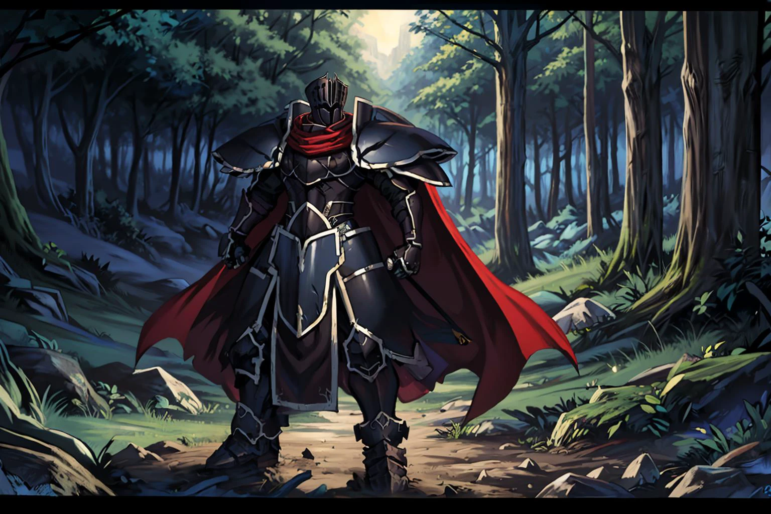 masterpiece, best quality, BlackKnight_fe, armor, cape, helmet, standing, whole body, night, forest, chiaroscuro  