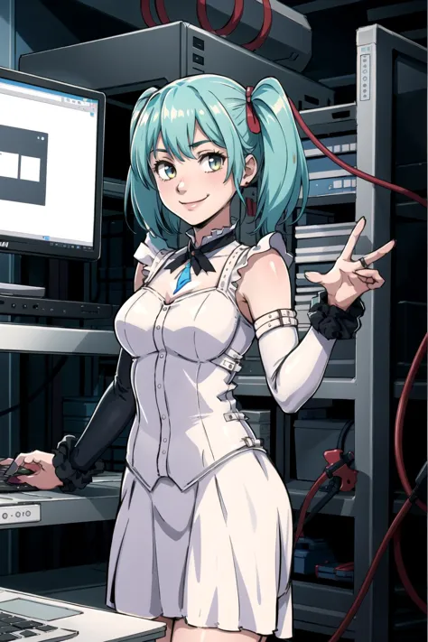 anime girl in a white dress with blue hair and a laptop